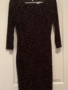 Cache maroon Leopard-Print Long Sleeve Sheath Dress